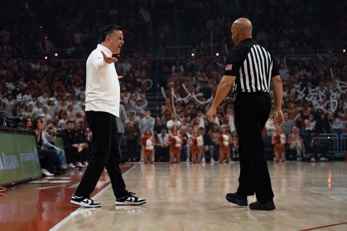 Texas head coach Sean Miller argues with an official during Texas’ game against Oklahoma in Austin, Texas, on Saturday, March 7, 2026.