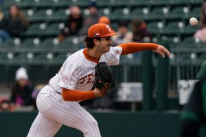 Left-handed pitcher Luke Harrison during Texas' game against Dartmouth on Feb. 22, 2025. 