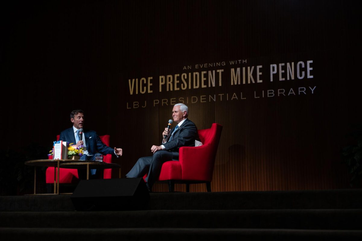Former Vice President Mike Pence discusses conservative ideology with CEO Mark K. Updegrove as a part of his speaking tour at the LBJ Library on June 10.