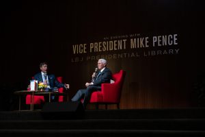 Former Vice President Mike Pence  discusses conservative ideology with CEO Mark K. Updegrove as a part of his speaking tour at the LBJ Library on June 10.