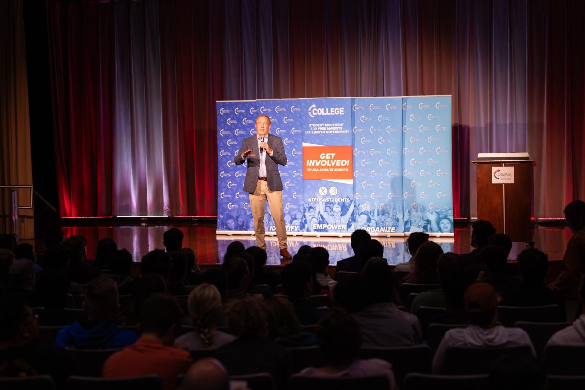 Texas Attorney General Ken Paxton is pictured speaking at a Turning Point USA at UT event on Monday, Nov. 3, 2025.