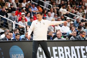 Texas Head Coach Sean Miller talks to the bench at the Texas vs. Purdue Sweet 16 game at the SAP Center in San Jose, California, on March 26, 2026.