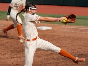 Right-handed pitcher Teagan Kavan pitches the ball at Texas' game against Louisiana State University on April 17, 2025.